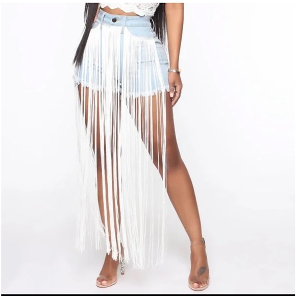 Party Crasher Fringe Denim Shorts- Light Blue Wash - Picture 1 of 8